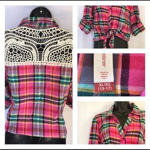 NWOT Fun Plaid Shirt with Lacy Back Detail